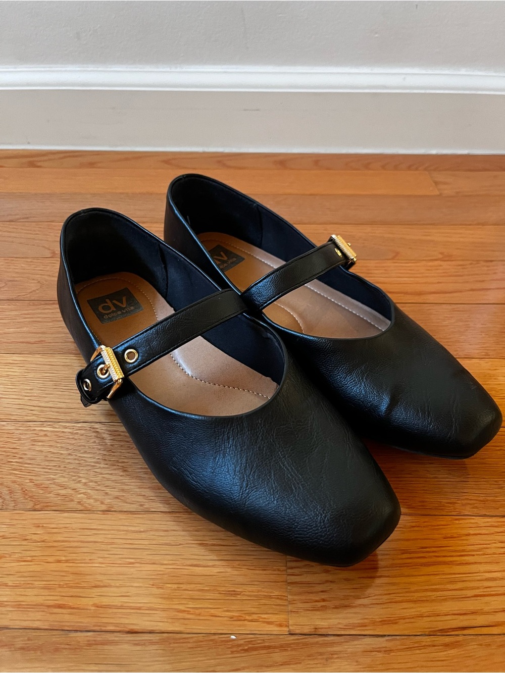 DV by Dolce Vita Mulaney Mary Jane Flats, Black with Gold Buckles